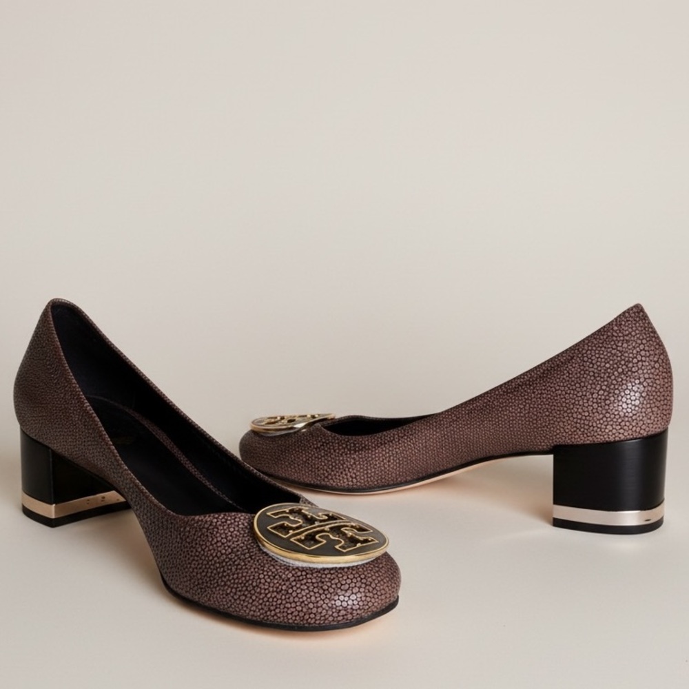 Tory Burch Amy Brown Leather Snake Bubble Print SlipOn Pumps Block Heel 9 Round